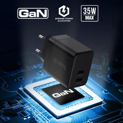 Crong Ultra Compact GaN – sieninis įkroviklis 2x USB-C Power Delivery 35W (juodas)