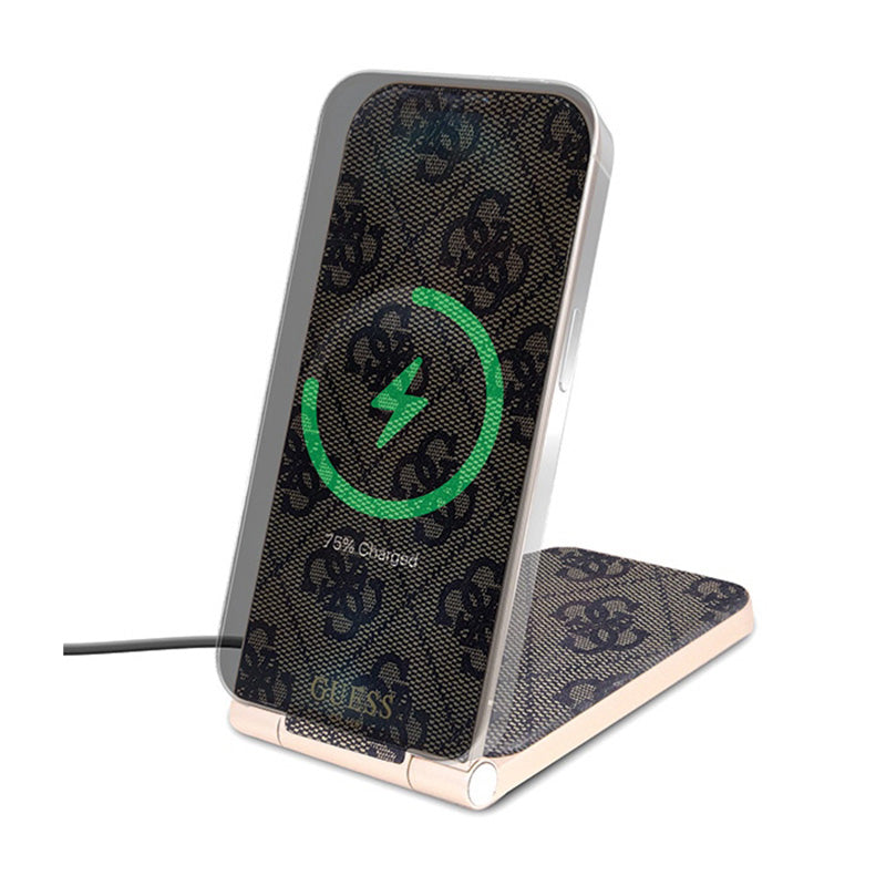 Guess 4G Pattern MagSafe - Sulankstomas „du viename“ indukcinis įkroviklis su „MagSafe“, skirtas „iPhone“ ir „AirPods“, 15 W (rudas)