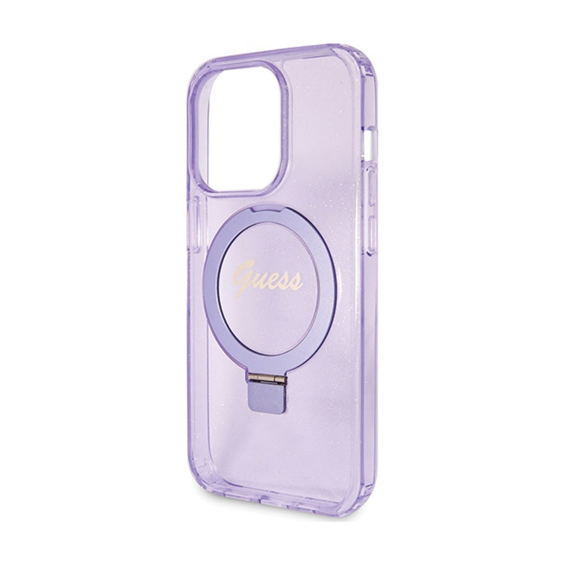 Guess žiedo stovas „Script Glitter MagSafe“ – „iPhone 15 Pro“ dėklas (violetinis)