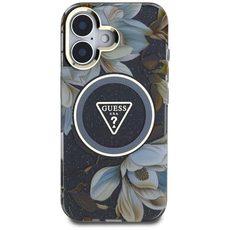 Guess Glitter Flowers Triangle Buttons MagSafe – dėklas iPhone 16 (juodas)
