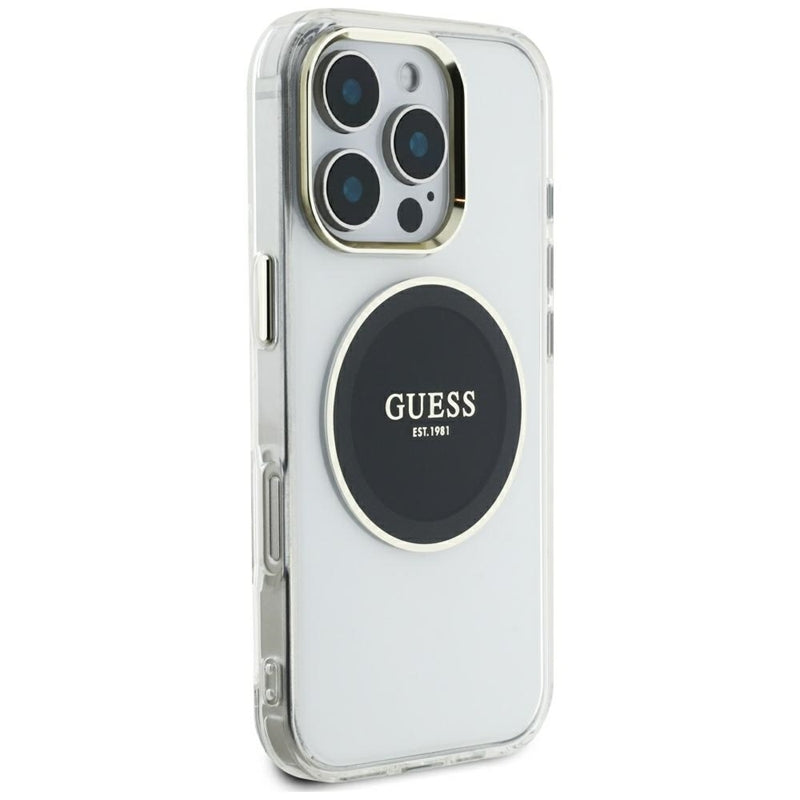 Guess IML metalinis spalvotas apvalus klasikinis logotipas MagSafe – dėklas, skirtas „iPhone 16 Pro Max“ (juodas)