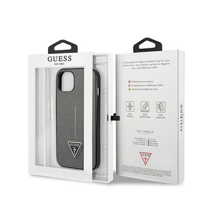 Guess Saffiano Triangle Logo dėklas – Dėklas iPhone 14 Plus (Sidabrinis)