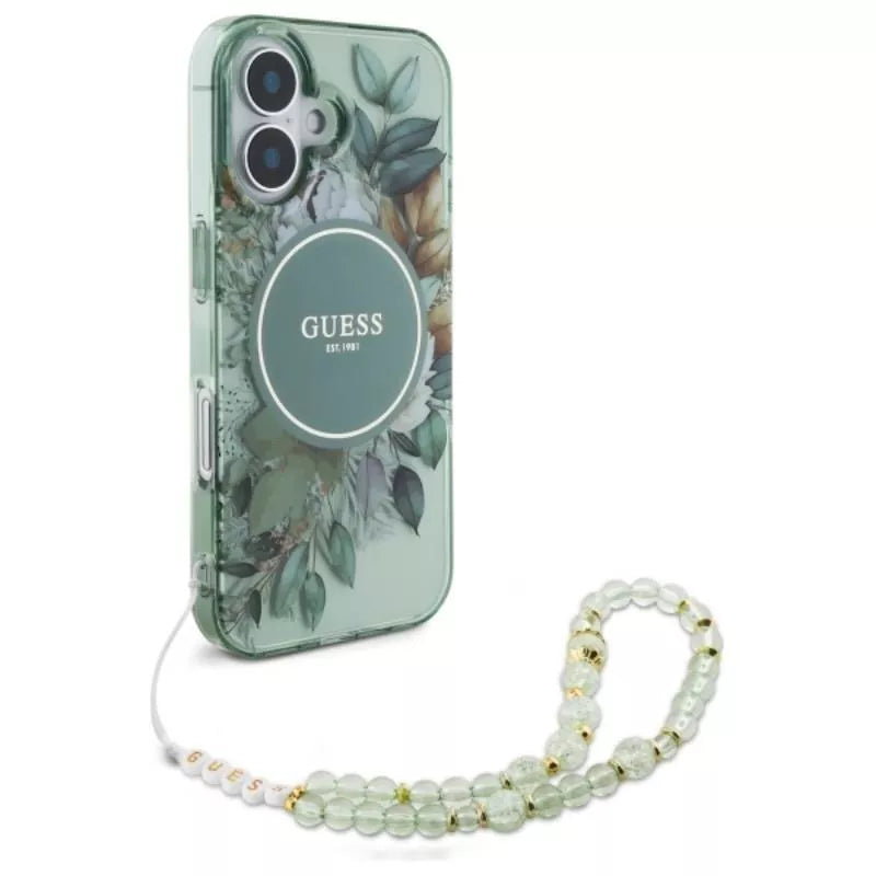 Guess IML Flowers su perline apyranke MagSafe – dėklas iPhone 16 Plus (Žalias)