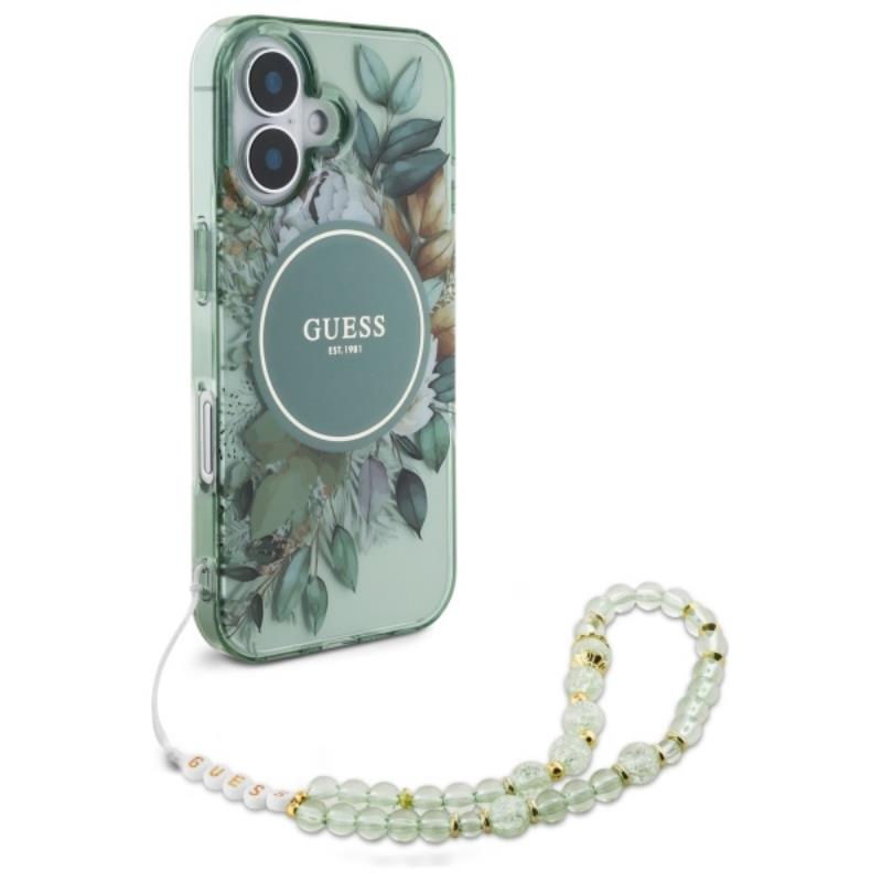 Guess IML Flowers su perline apyranke MagSafe – dėklas iPhone 16 Plus (Žalias)