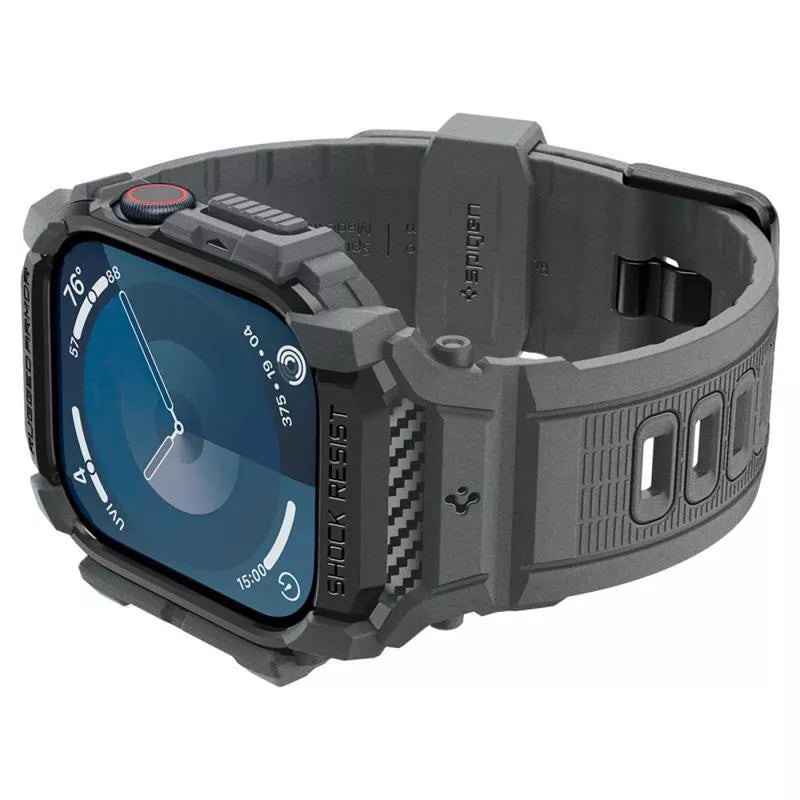 Spigen Rugged Armor Pro – dirželis su dėklu, skirtas „Apple Watch 10“ 46 mm (tamsiai pilka)