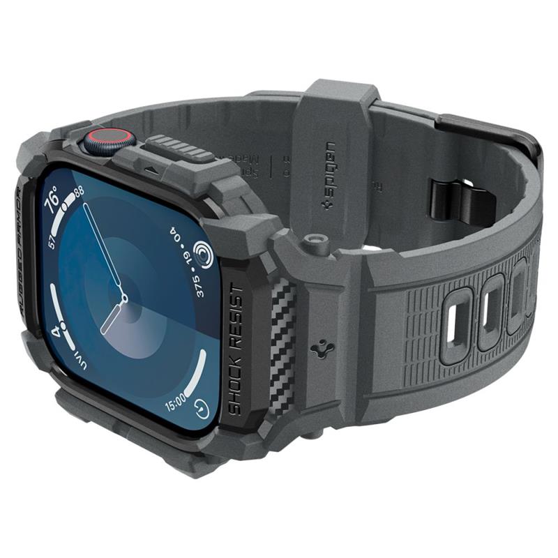 Spigen Rugged Armor Pro – dirželis su dėklu, skirtas „Apple Watch 10“ 46 mm (tamsiai pilka)
