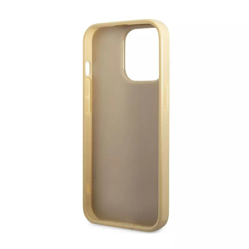 Guess Glitter Flakes Metal Logo dėklas – dėklas skirtas iPhone 14 Pro Max (aukso spalvos)