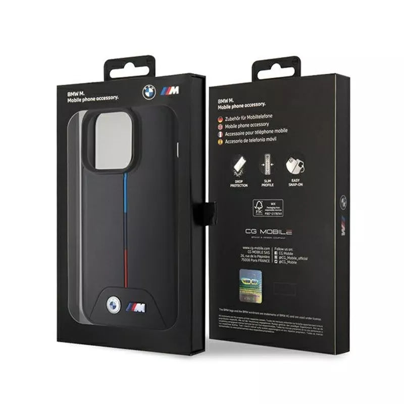 BMW Dygsniuotas Trikolorinis MagSafe dėklas iPhone 15 Pro Max (Juodas)