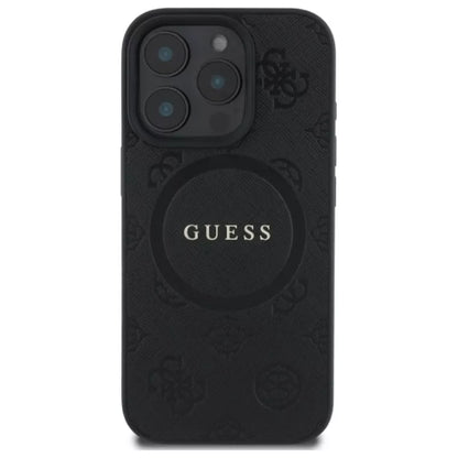 Guess Saffiano Peony Classic Logo MagSafe - dėklas iPhone 16 Pro Max (juoda)