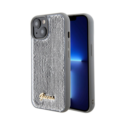 Guess dėklas su metaliniu blizgučių užrašu, skirtas „iPhone 15“ (sidabrinis)