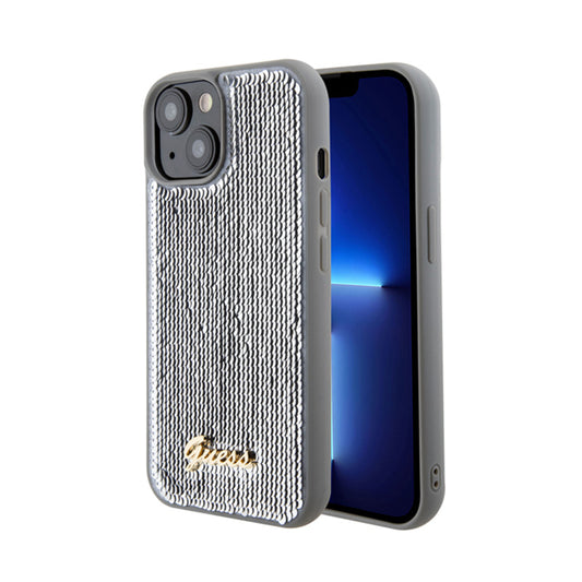 Guess dėklas su metaliniu blizgučių užrašu, skirtas „iPhone 15“ (sidabrinis)