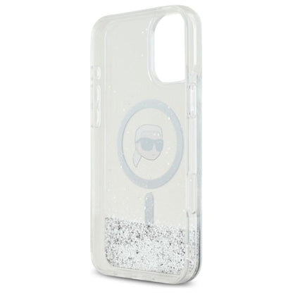 Karl Lagerfeld Liquid Glitter Karl Head MagSafe – dėklas iPhone 16 (skaidrus)