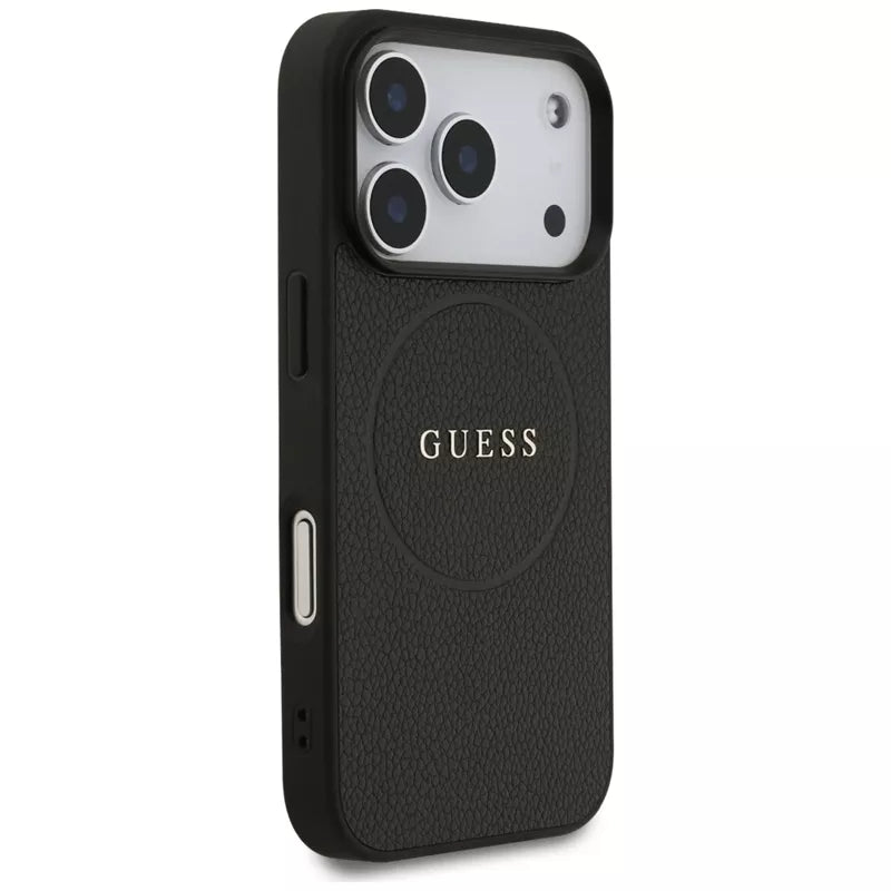 Guess Tekstūruotas žiedas MagSafe - Dėklas iPhone 17 Pro (juodas)
