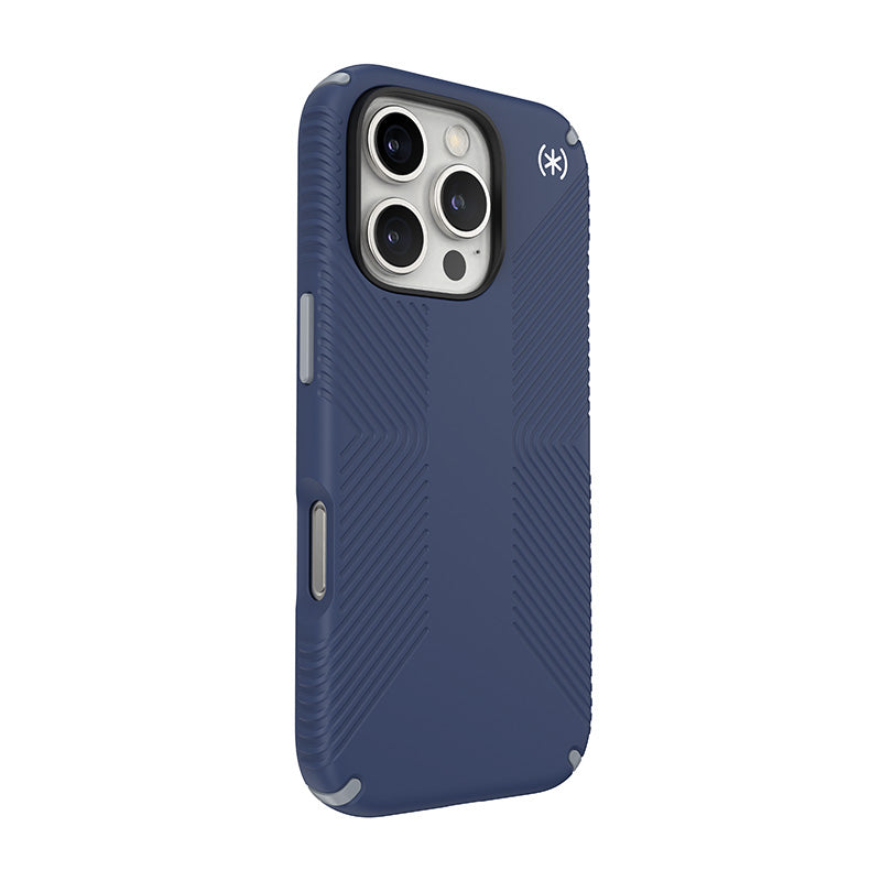 Speck Presidio2 Grip – dėklas, skirtas „iPhone 16 Pro“ (pakrantės mėlyna / dulkėta pilka / balta)