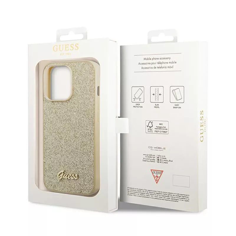 Guess Glitter Flakes Metal Logo dėklas – dėklas skirtas iPhone 14 Pro Max (aukso spalvos)