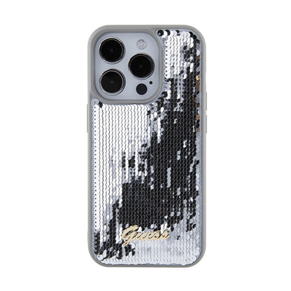 Guess Sequin Script Metal – dėklas, skirtas „iPhone 15 Pro Max“ (sidabro spalvos)