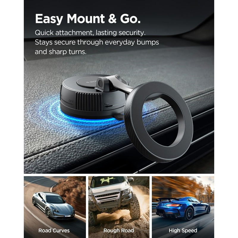 Spigen MFT36 - „MagSafe“ magnetinis automobilinis laikiklis prietaisų skydeliui ir priekiniam stiklui (juodas)