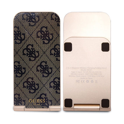 Guess 4G Pattern MagSafe - Sulankstomas „du viename“ indukcinis įkroviklis su „MagSafe“, skirtas „iPhone“ ir „AirPods“, 15 W (rudas)