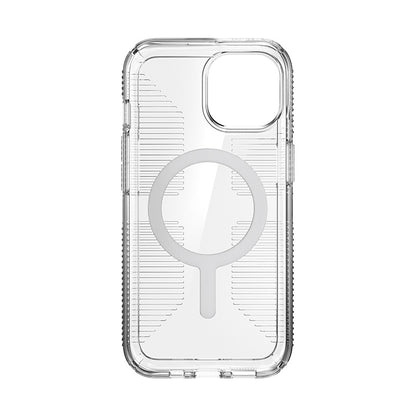 Speck Gemshell Grip + MagSafe – dėklas iPhone 16e / iPhone 15 / iPhone 14 / iPhone 13 (skaidrus / chromuota apdaila)