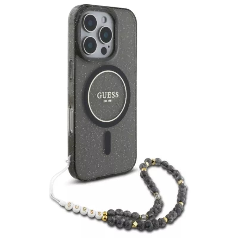 Guess IML Glitter With Pearl Strap MagSafe – dėklas iPhone 16 Pro Max (juodas)