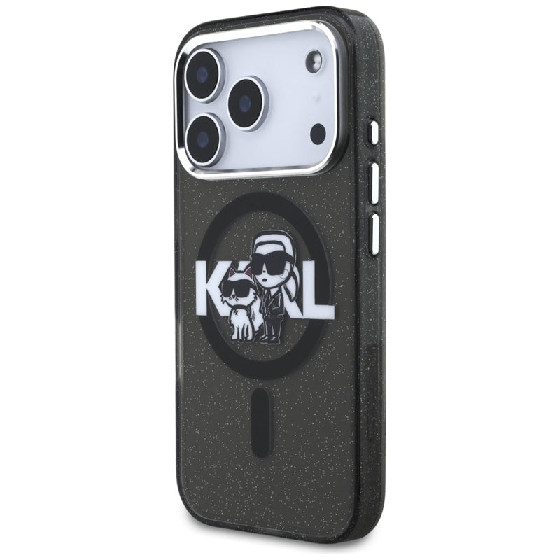 Karl Lagerfeld IML Blizgantis Karl & Choupette eskizo logotipas MagSafe - Dėklas iPhone 17 Pro (Juodas)