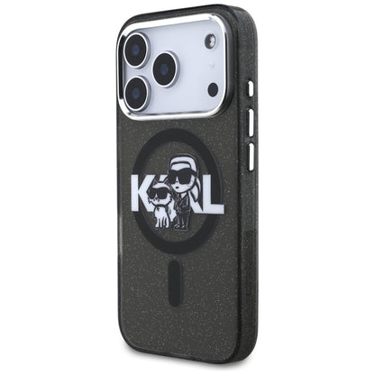 Karl Lagerfeld IML Blizgantis Karl & Choupette eskizo logotipas MagSafe - Dėklas iPhone 17 Pro (Juodas)