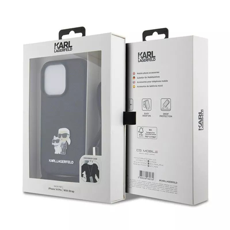 Karl Lagerfeld Crossbody Saffiano Metal Pin Karl & Choupette - iPhone 14 Pro dėklas (Juodas)