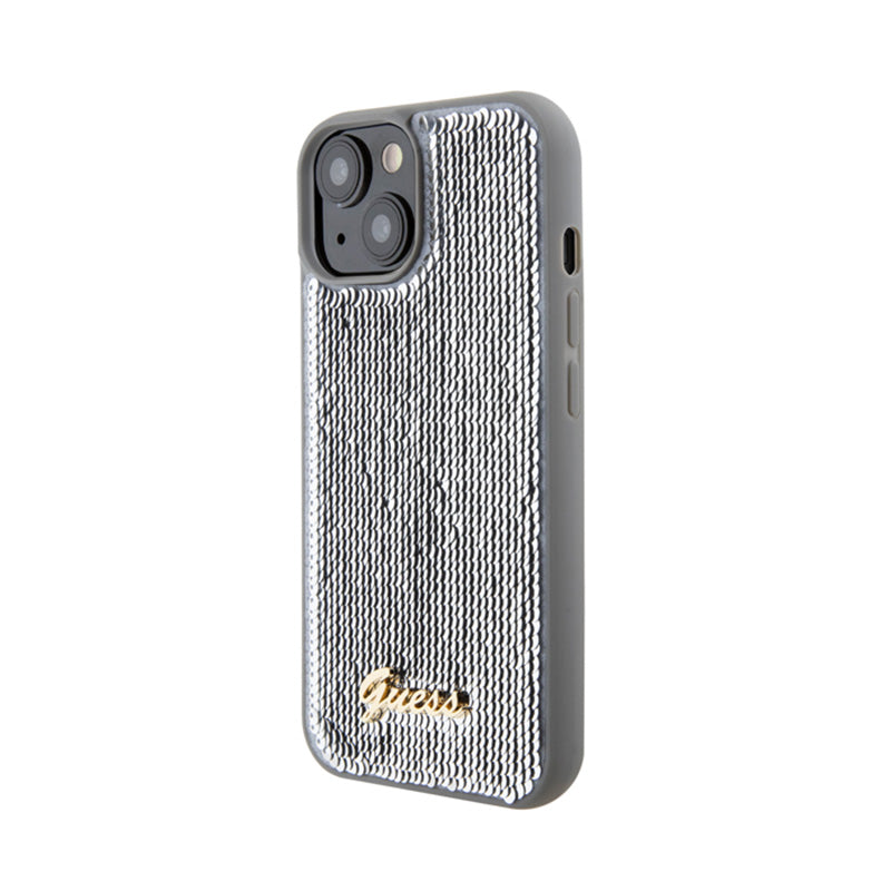 Guess dėklas su metaliniu blizgučių užrašu, skirtas „iPhone 15“ (sidabrinis)