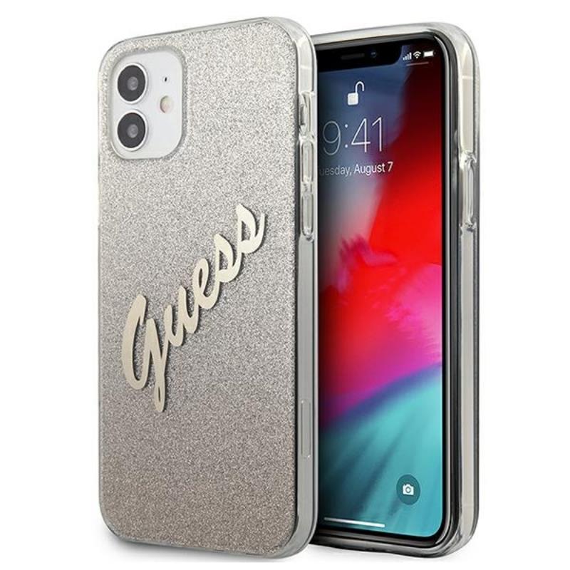 Guess Glitter Gradient Script – iPhone 12 mini dėklas (auksinis)