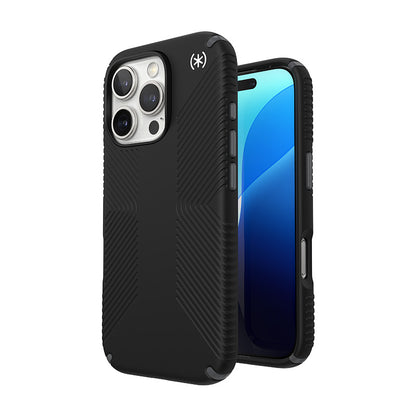 Speck Presidio2 Grip – dėklas, skirtas iPhone 16 Pro (juoda / skalūnų pilka / balta)