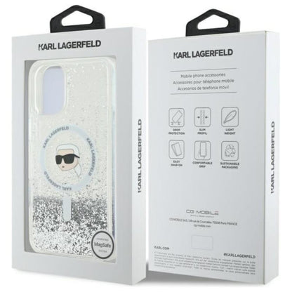 Karl Lagerfeld Liquid Glitter Karl Head MagSafe – dėklas iPhone 16 (skaidrus)