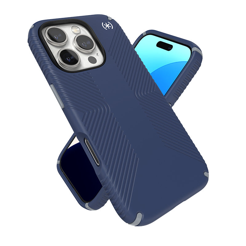 Speck Presidio2 Grip – dėklas, skirtas „iPhone 16 Pro“ (pakrantės mėlyna / dulkėta pilka / balta)