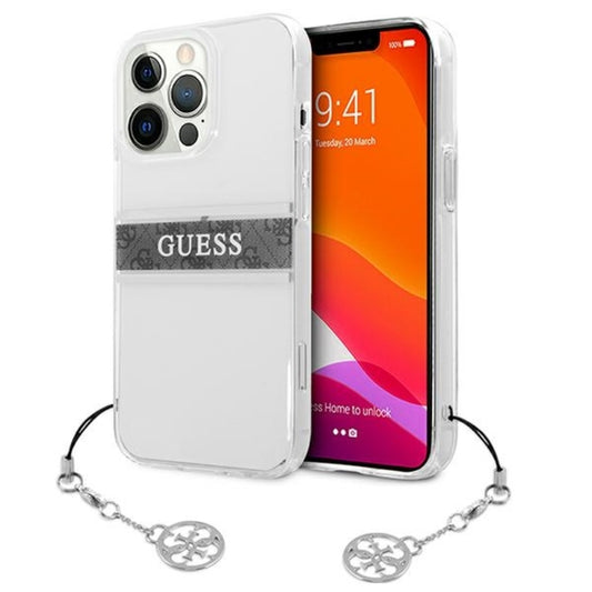 Guess 4G Stripe Grey Charm – dėklas iPhone 13 Pro (skaidrus)