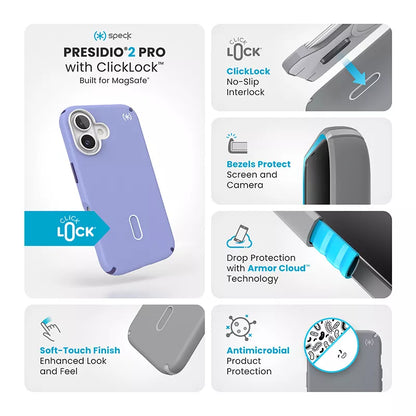 Speck Presidio2 Pro ClickLock & MagSafe – dėklas iPhone 16 (Future Lavender / Cassis Purple / White)