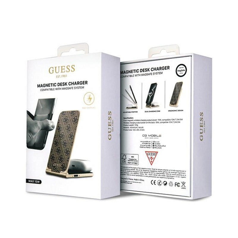 Guess 4G Pattern MagSafe - Sulankstomas „du viename“ indukcinis įkroviklis su „MagSafe“, skirtas „iPhone“ ir „AirPods“, 15 W (rudas)
