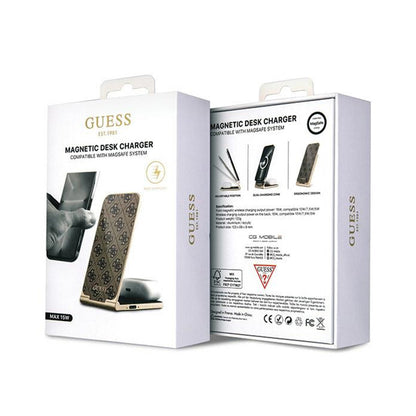 Guess 4G Pattern MagSafe - Sulankstomas „du viename“ indukcinis įkroviklis su „MagSafe“, skirtas „iPhone“ ir „AirPods“, 15 W (rudas)