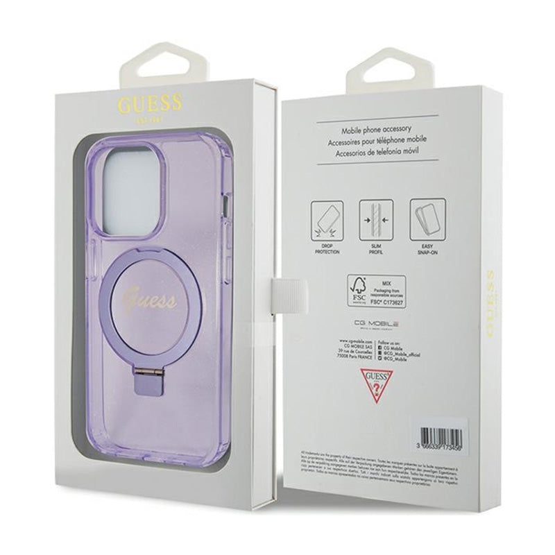 Guess žiedo stovas „Script Glitter MagSafe“ – „iPhone 15 Pro“ dėklas (violetinis)