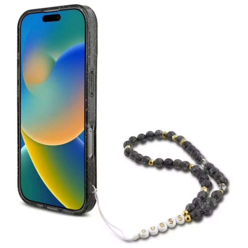 Guess IML Glitter With Pearl Strap MagSafe – dėklas iPhone 16 Pro Max (juodas)