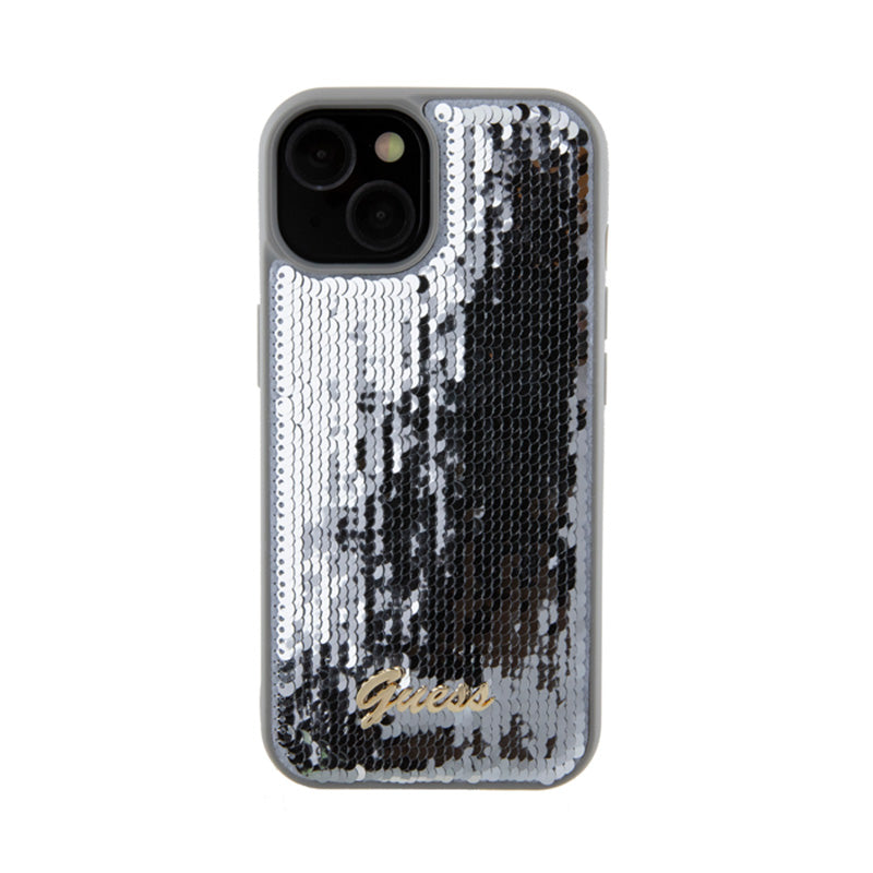 Guess dėklas su metaliniu blizgučių užrašu, skirtas „iPhone 15“ (sidabrinis)