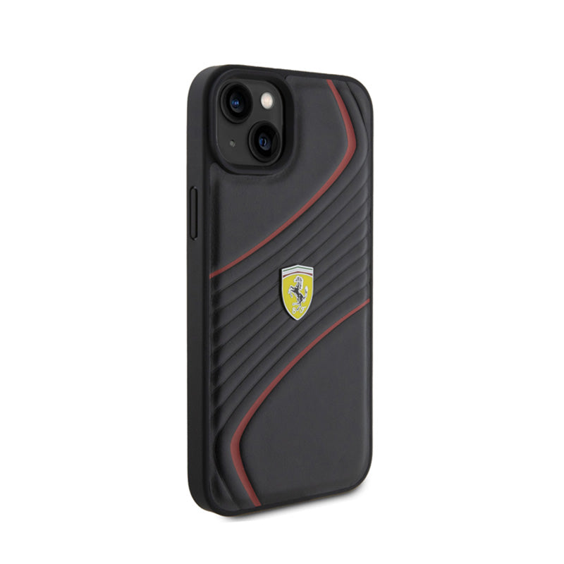 „Ferrari Twist Metal Logo“ – dėklas, skirtas „iPhone 15 Plus“ (juoda spalva)