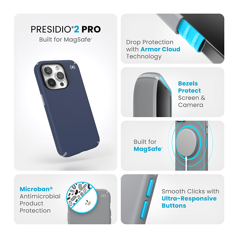 Speck Presidio2 Pro Magsafe - dėklas, skirtas iPhone 15 Pro (pajūrio mėlyna / dulkėta pilka / balta)