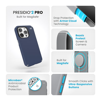 Speck Presidio2 Pro Magsafe - dėklas, skirtas iPhone 15 Pro (pajūrio mėlyna / dulkėta pilka / balta)