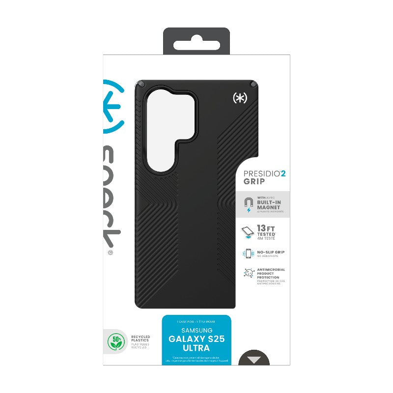 Speck Presidio2 Grip Magnet dėklas su MagSafe, skirtas Samsung Galaxy S25 Ultra (juoda/ardausios pilkos/baltos)