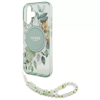 Guess IML Flowers su perline apyranke MagSafe – dėklas iPhone 16 Plus (Žalias)