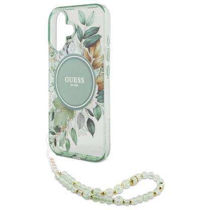 Guess IML Flowers su perline apyranke MagSafe – dėklas iPhone 16 Plus (Žalias)