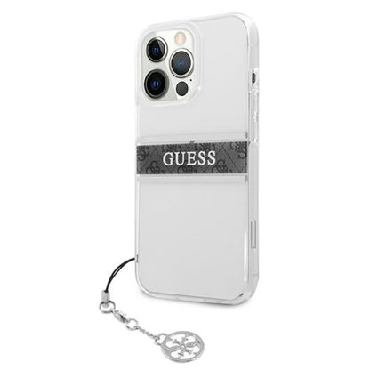 Guess 4G Stripe Grey Charm – dėklas iPhone 13 Pro (skaidrus)