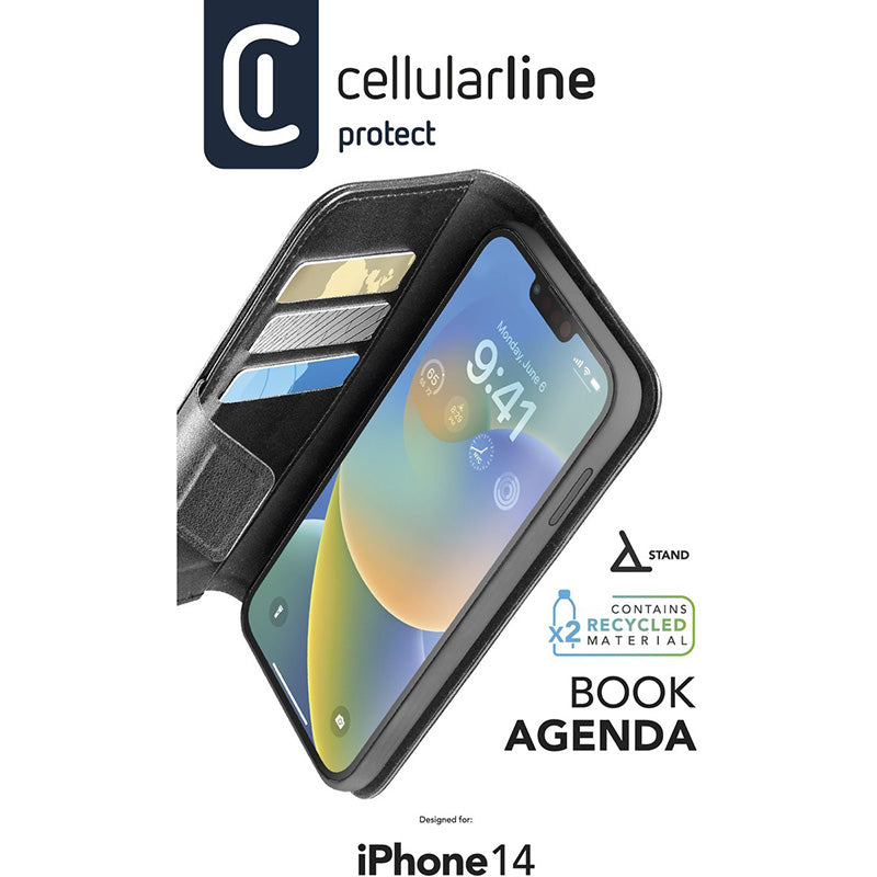 Cellularline Book Agenda – „iPhone 14“ dėklas su „MICROBAN“ danga (juodas)