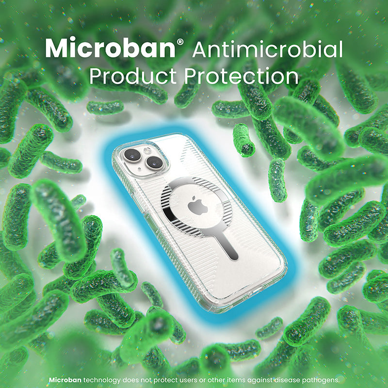 Speck Gemshell Grip + MagSafe – dėklas iPhone 16e / iPhone 15 / iPhone 14 / iPhone 13 (skaidrus / chromuota apdaila)