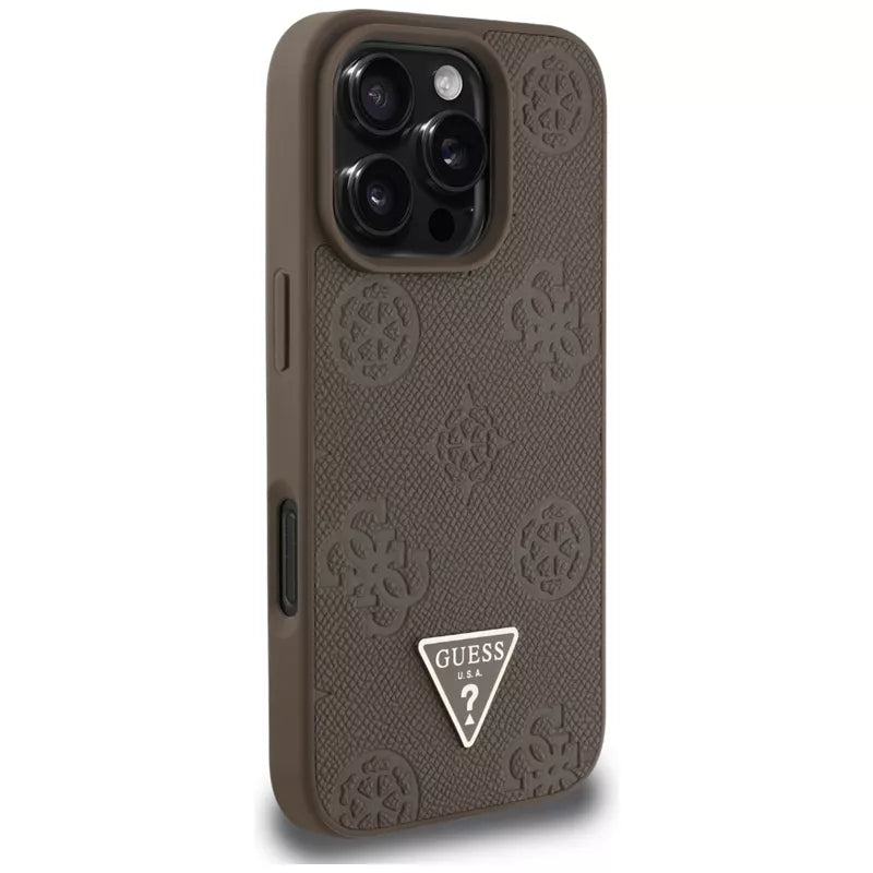 Guess Grained Hot Stamp Peony Triangle Logo MagSafe – dėklas, skirtas iPhone 16 Pro (rudas)