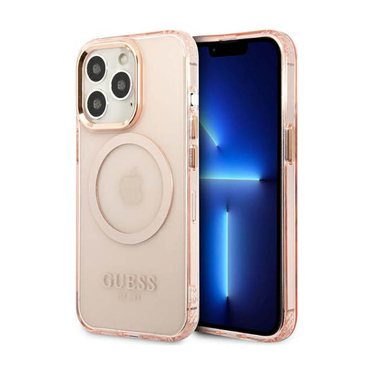 Guess Gold Outline Translucent MagSafe – dėklas, skirtas iPhone 13 Pro (rožinis)
